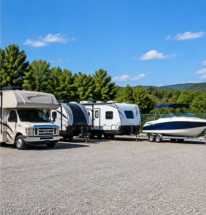 RV, travel trailer, and boat parked in outdoor gravel parking