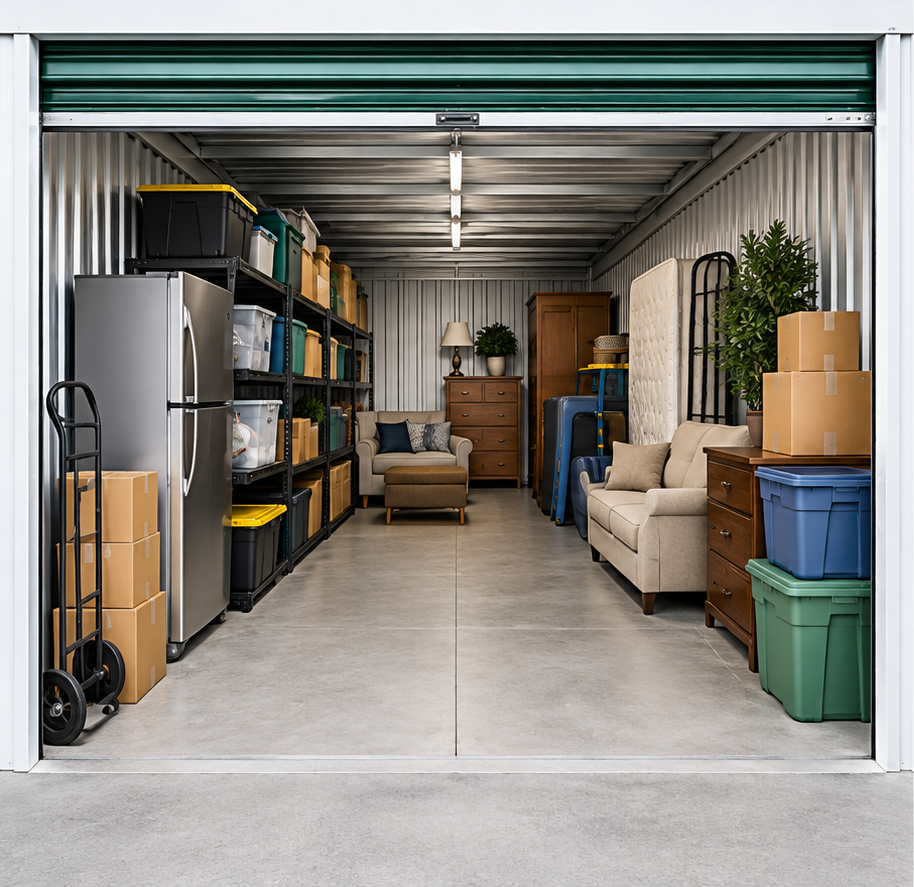 Organized storage unit interior with boxes, furniture, and totes